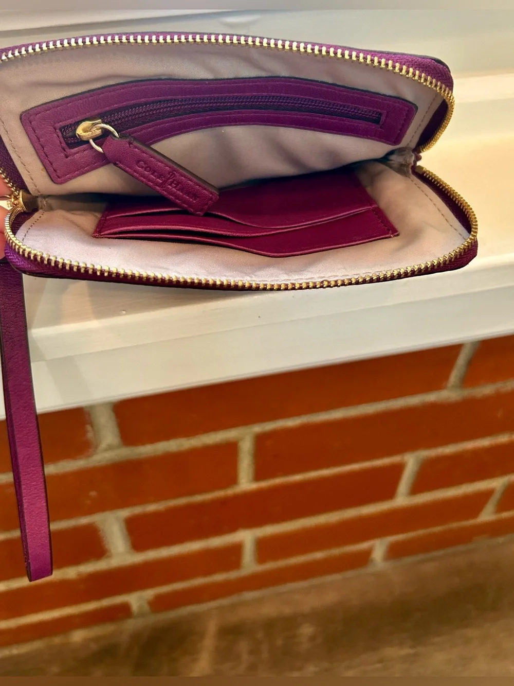 Cole Haan Deep Purple Pebbled Leather Wristlet Clutch Gold Logo Zip Pouch Womens